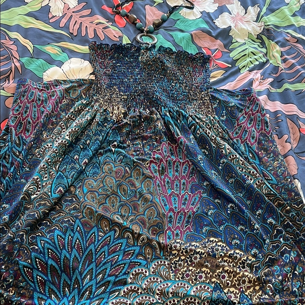 Peacock colored smocked maxi dress